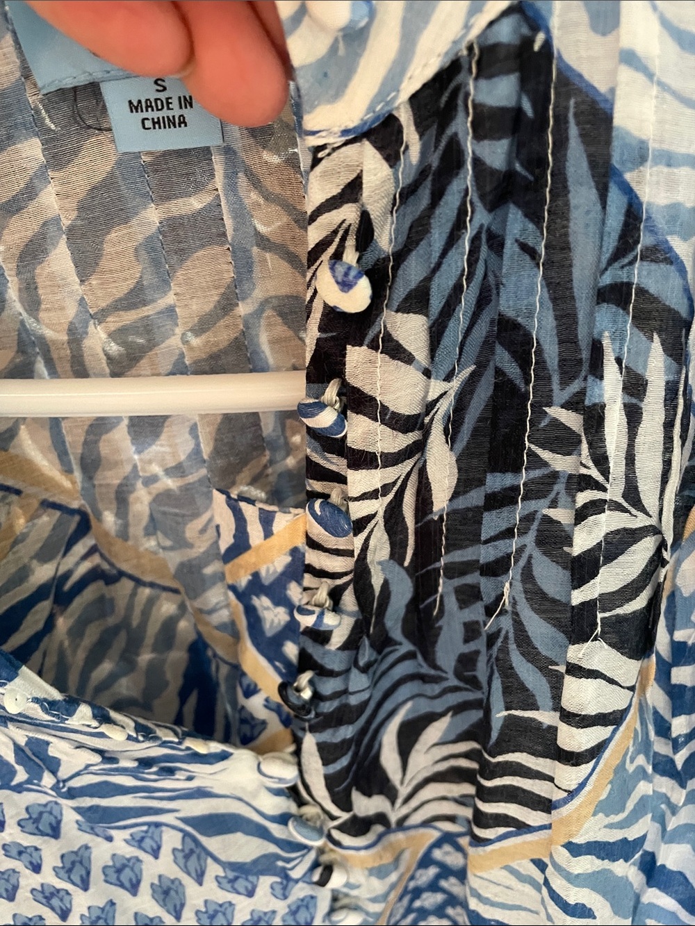 CeCe Blue, White & Tan Patchwork Print Button Blouse - Picture 4 of 6